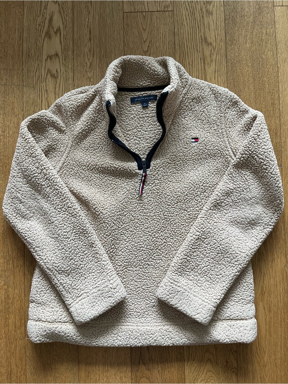 Tommy Hilfiger Fleece Pullover Womens Medium M Sherpa Faux Fur 1/4 Zip Oatmeal - Picture 2 of 7